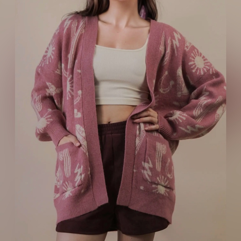 Oversized Western Graphic Knit Sweater Cardigan - Mauve